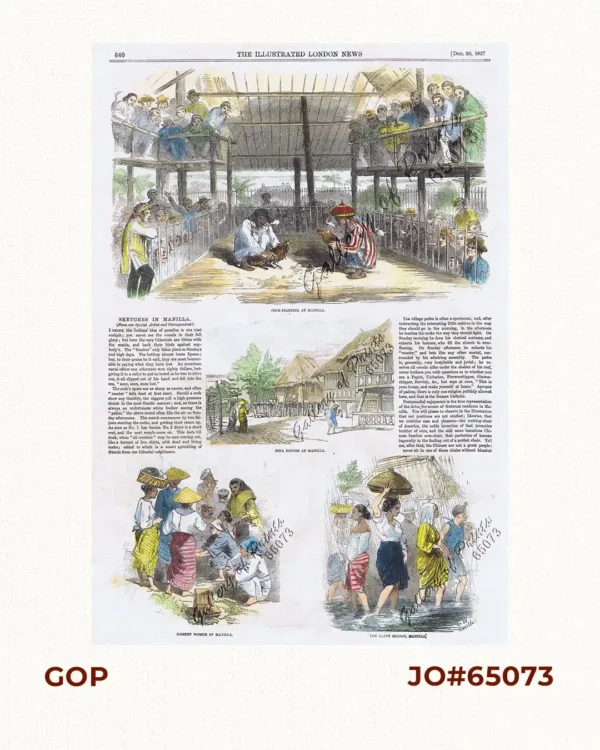 Sketches in Manilla. 1. Cock-Fighting at Manilla; 2. Nipa Houses at Manilla; 3. Market women of Manilla; 4. The Rainy Season, Manilla