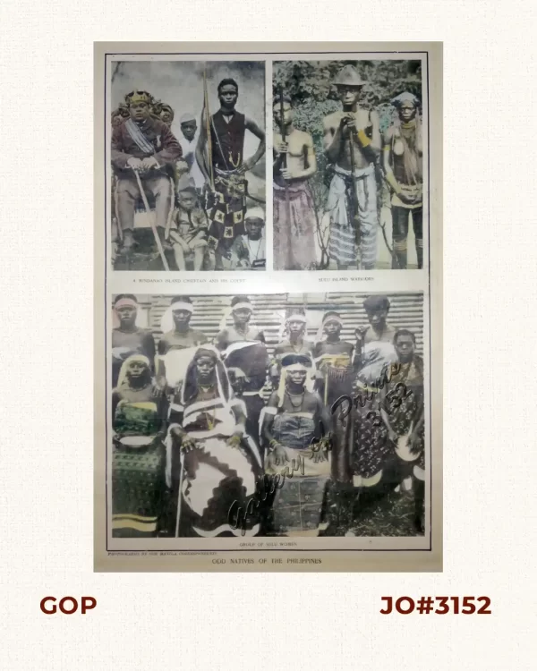 Odd Natives of the Philippines. 1. A Mindanao Island Chieftain and his Court; 2. Sulu Island Warriors; 3. Group of Sulu Women.
