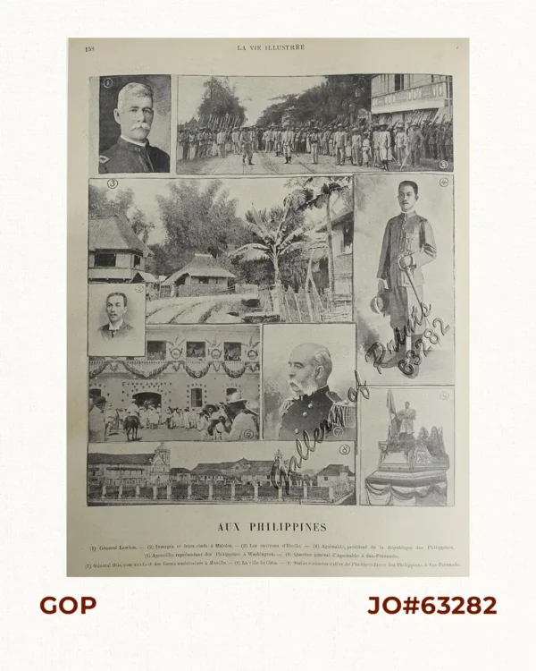 Aux Philippines 1) Général Lawton.  2) Insurgés et leurs chefs à Malolos.  3) Les environs d'Ilo-ilo.  4) Aguinaldo, président de la République des Philippines.  5) Agoncillo, représentant des Philippines à Washington.  6) Quartier général d'Aguinaldo à San-Fernando.  7) Général Otis, commandant des forces américaines à Manille.  8) La ville de Cebu.  9) Statue Commémorative de l'Indépendance des Philippines, à San-Fernando.