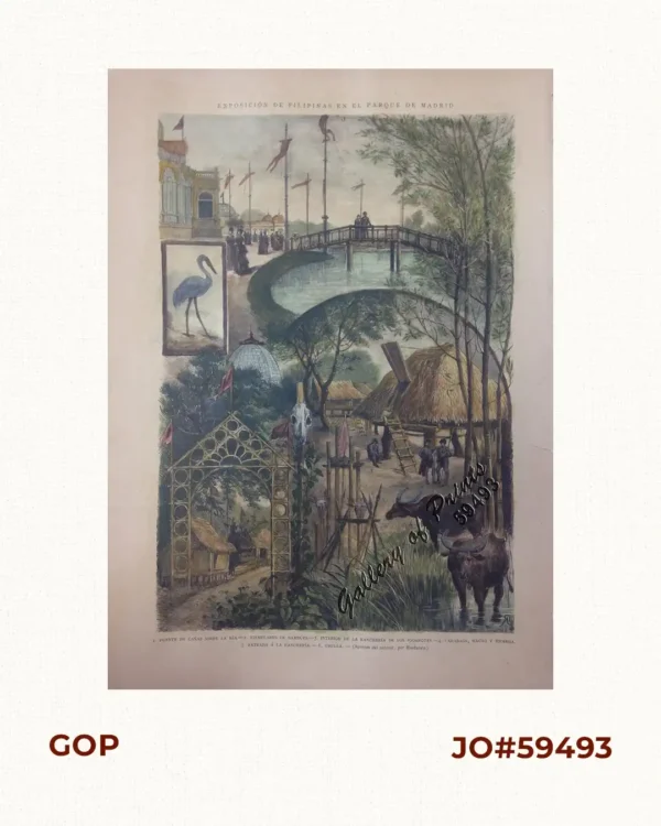 Exposicion de Filipinas en el Parque de Madrid. 1. Puente de Cañas sobre la ria. 2. Ejemplares de Bambúes. 3. Interior de la rancheria de los Igorrotes. 4. Carabaos, macho y hembra. 5. Entrada a la Rancheria. 6. Grulla.