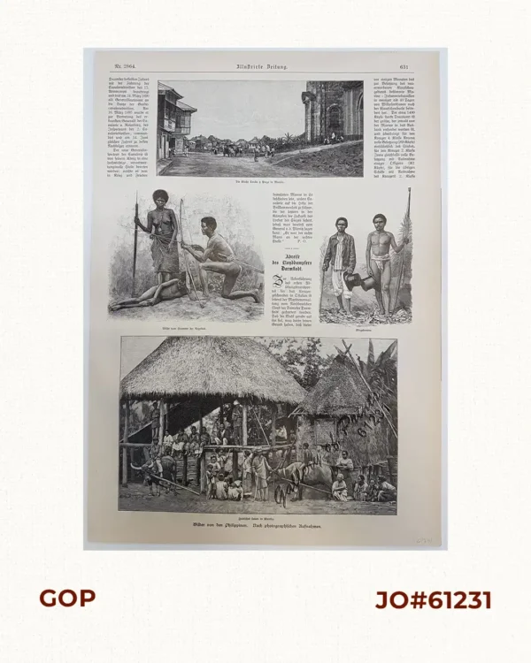 Bilder von den Philippinen. 1. Die Kirche Tonda & Plaza in Manila [Tonda Church] [sic]. 2. Wilde vom Stamme der Negritos [Wild Tribe …]. 3. Eingeborene [Natives]. 4. Indisches Leben in Manila [Indio Life in Manila].