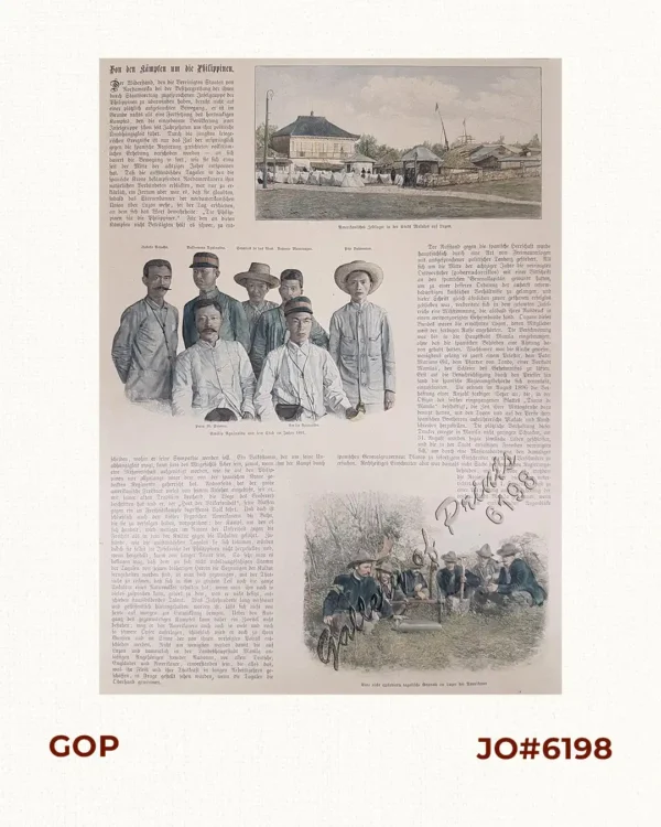 Von den Kämpfen um die Philippinen 1. Amerikanisches Beltlager in der Stadt Malolos auf Luzon. 2. Emilio Aguinaldo und sein Stab im jahre 1897. 3. Eine nicht explodierte tagalische Granate im Lager der Amerikaner. [From the Battleground Philippines 1. American Beddings in Malolos City in Luzon. ..2. [...and his staff...] 3. [An unexploded grenade in the American camp]