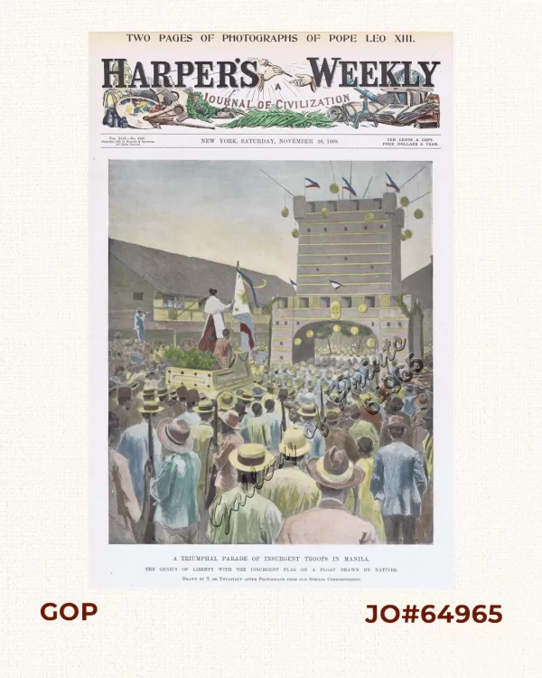 A Triumphal Parade of Insurgent Troops in Manila. The Genius of Liberty with the Insurgent Flag on a Float Drawn by Natives.