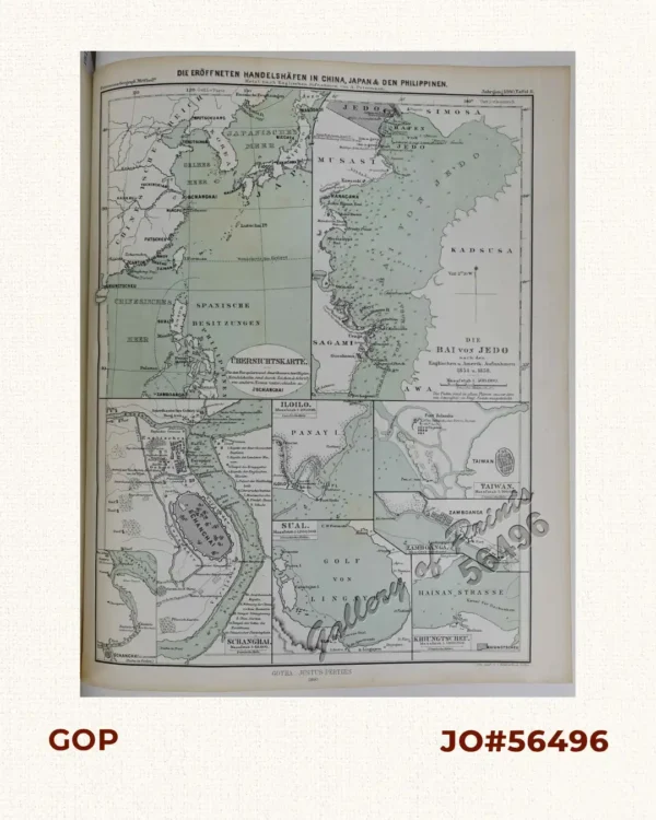 Die eröffneten Handelshäfen in China, Japan & den Philippinen. Meist nach Englischen Aufnahmen. (Seaports opened in …Mostly Based on English Information) 1. Übersichtskarte [Philippines & South China with Hongkong] 2. Die Bai von Jedo [Tokyo] 3. Schanghai [Shanghai] 4. Taiwan 5. Khiungtscheu [Hainan] 6. Iloilo [Ilo-ilo] 7. Sual 8. Zamboanga