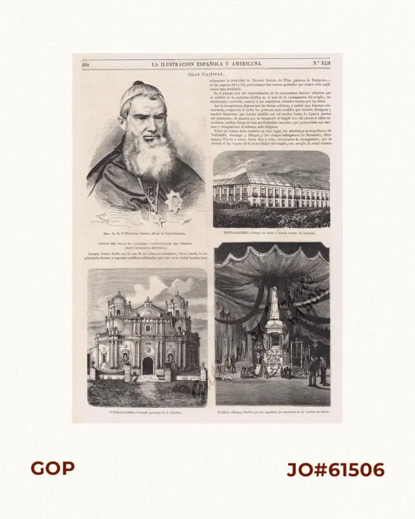 Islas Filipinas. 1. Ilmo Sr. D. Fr. Francisco Gainza, obispo de Nueva-Caceres. 2. Nueva-Caceres. - Colegio de niñas y escuela norma de maestras. 3. Nueva-Caceres. - Fachada principal de la Catedral. 4. Manila. - Honras funebres por los españoles que murieron en el combate de Cavite.