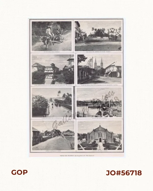 1) En las ancas del Carabao. 2) Una Calle del Arrabal de Paco - Manila. 3) Casas Aristocraticas en las cercanias de San Juan del Monte. 4) Plaza de Santa Ana en el Arrabal de San Sebastian - Manila. 5) Carretera real de la Concepcion. 6) Muelle del Rey - Manila. 7) Barrio Aguilar en Tondo. 8) Catedral de Jaro - Ilo-Ilo.