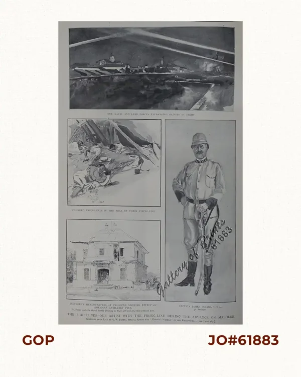 The Philippines- Our Artist with the Firing-Line during the advance on Malolos. 1. Our naval and land forces exchanging signals at night. 2. Wounded insurgents in the rear of their firing-line. 3. Insurgent headquarters at Caloocan, showing effect of American artillery fire. ( Mr. Peters made the Sketch for the Drawing on pages 478 and 479 while confined here. 4. Captain James O'Hara, U.S.A., 3d Artillery.