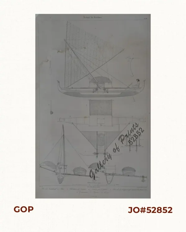 Archipel des Carolines. 1. Pros de Satahoual; 2. Plan; 3. Elévation de l'avant; 4. Section par le milieu; 5. Plan de la charpente qui réunit les deux cotès; 6. Gouvernail; 7. Pagaie; 8. Escop