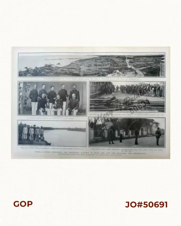 Manila-Scenes Attending the Insurgent Attempt to Burn the City and Massacre the Inhabitants. 1. Panoramic view from the top of Tondo church after the fire of February 22 and the fight of February 23. 2. Major-General Thomas M. Anderson, U.S.V. and staff. 3. The Pasig river, where insurgents attempted to swim across, February 4. 4. Remains of a barricade of railroad iron thrown up by insurgents during the fire. 5. The Tondo Fight - Some insurgents sharpshooters have just fired from the house on the left.