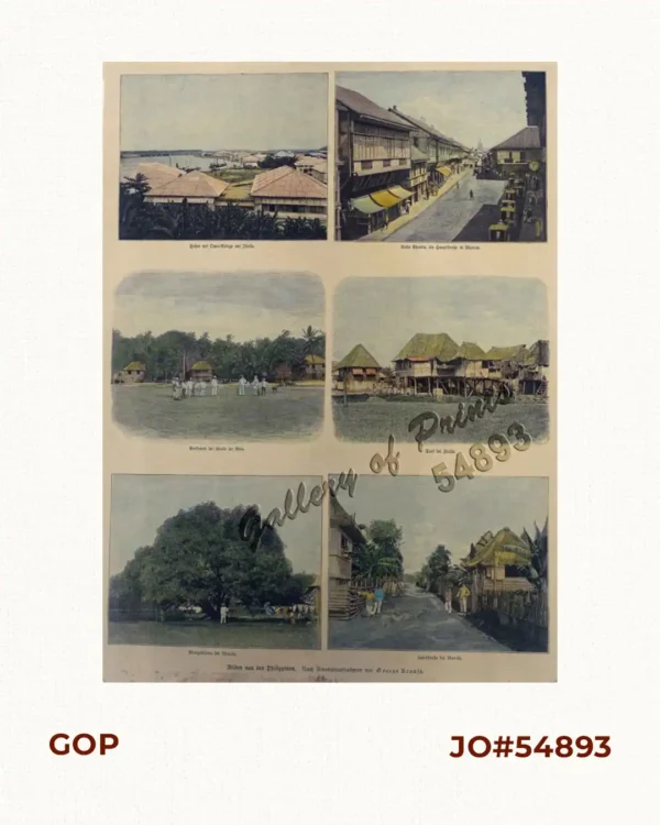 Bilder von den Philippinen 1) Hafen mit Quai-Anlage auf Iloilo     [Harbor with Dual Facility on Iloilo] 2) Calle Escolta, die Hauptstrasse in Manila     [Calle Escolta, the Main Street in Manila] 3) Seestrand bei Iloilo bei Ebbe    [Sea Beach at Iloilo at Low Tide] 4) Dorf bei Iloilo    [Village at Iloilo] 5) Mangobaume bei Manila     [Mango Trees near Manila] 6) Landstrasse bei Manila    [Highway at Manila]