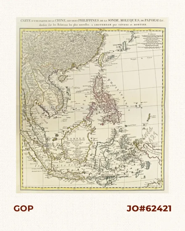 Carte d'une Partie de la Chine, les Isles Philippines, de la Sonde, Moluques, de Papoesi &c. dressée sur les Relations les plus nouve A Amsterdam par Cóvens et Mortier.