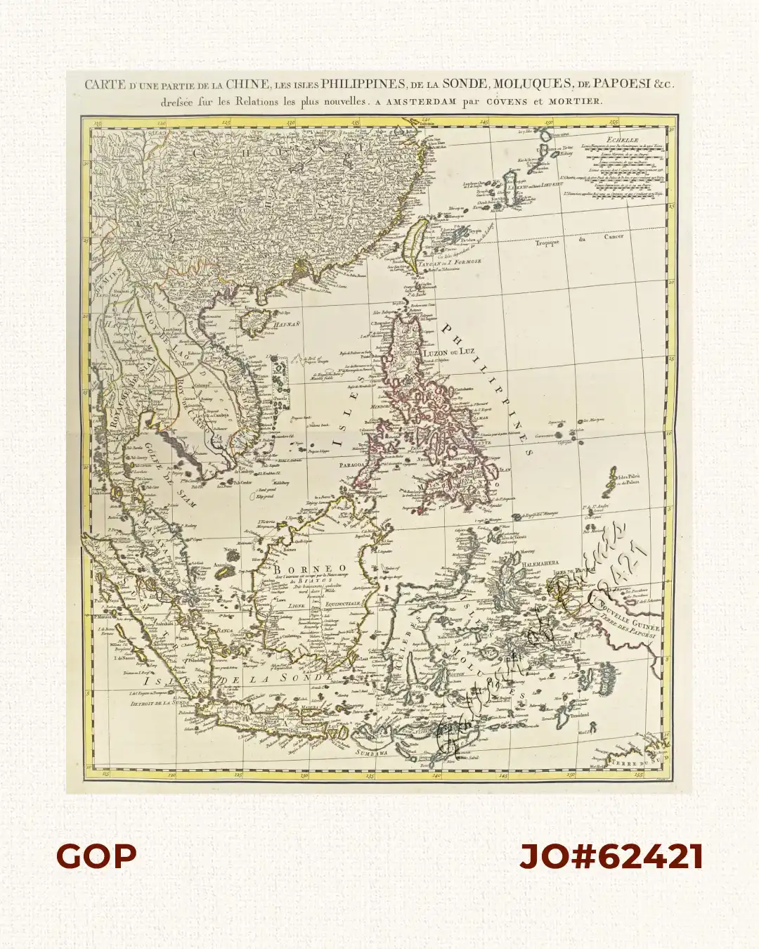Carte d'une Partie de la Chine, les Isles Philippines, de la Sonde, Moluques, de Papoesi &c. dressée sur les Relations les plus nouve A Amsterdam par Cóvens et Mortier.