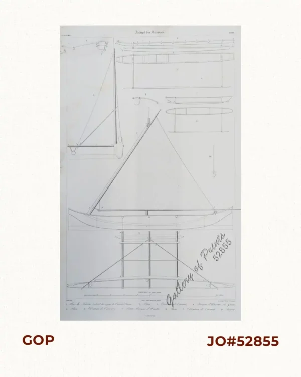 Archipel des Mariannes 1. Pros de Tinian (extrait du voyage de l'amiral Anson); 2. Plan; 3. Elévation de l'avant; 4. Pirogue d'Umata, ile Guam; 5. Plan; 6. Elévation de l'arrière; 7. Petite Pirogue d'Umata; 8. Plan; 9. Elévation de l'avant; 10. Avion
