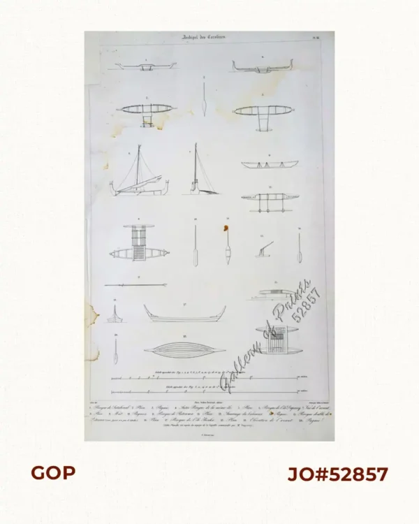 Archipel des Carolines 1. Pirogue de Satahoual; 2. Plan; 3. Autre Pirogue de la même île; 5. Plan; 6. Pirogue de l'île Duperrey; 7. Vue de l'avant; 8. Plan; 9. Mât; 10. Pagaies; 11. Pirogue de Rotouma; 12. Plan; 13. Amarrage du balancier; 14. Pagaie; 15. Pirogue double de Potouma (Cette figure n' a pas d'échelle); 16. Plan; 17. Pirogue de l'île Bouka; 18. Plan; 19. Elévation de l'avant; 20. Pagaie