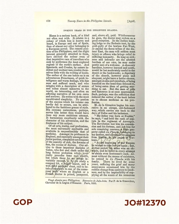 Twenty Years in the Philippine Islands: [A critical review with excerpts from the work of P. de la Gironiere. A rare original article from the Blackwood's  Edinburgh Magazine.]