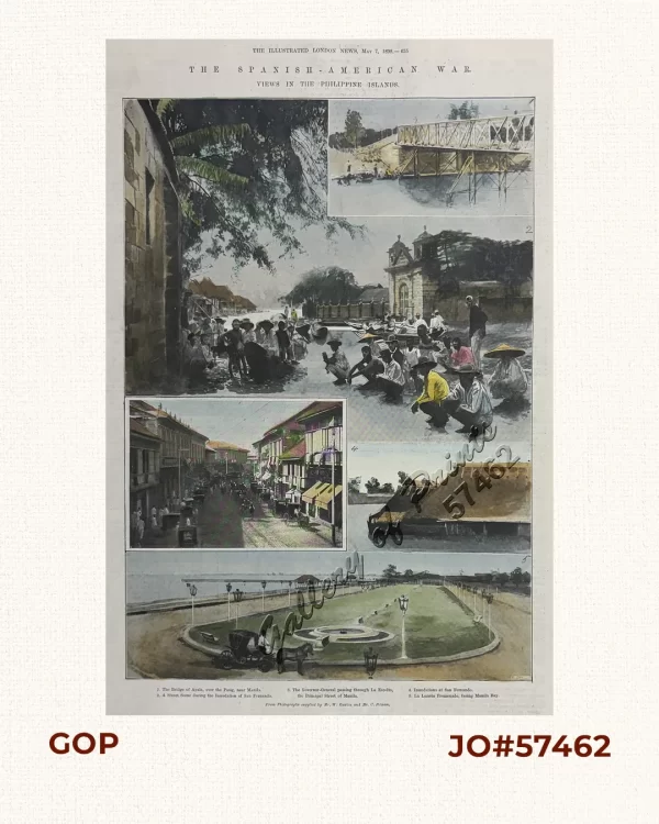 The Spanish-American War: Views in the Philippine Islands 1. The Bridge of Ayala, over the Pasig near Manila. 2. A Street Scene during the Inundation of San Fernando. 3. The Governor-General passing through La Escolta, the Principal street of Manila. 4. Inundations at San Fernando 5. La Luneta Promenade, facing Manila Bay