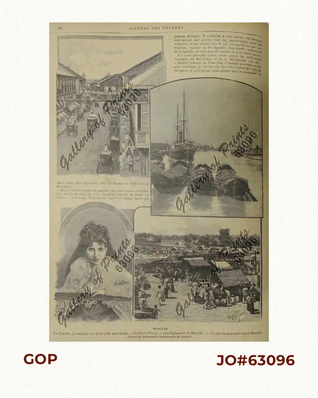 1) La Escolta, principale rue de la ville marchande. 2) Le fleuve Pasig. 3) Une Espagnole de Manille. 4) Un marchè aux environs de Manille.