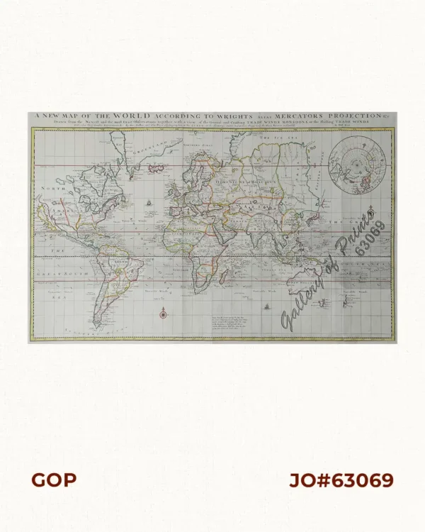 A New Map of the World according to Wright's alias Mercator's Projection &c : drawn from the newest and the most exact observations together with a view of the general and coasting trade winds, monsoons or the shifting trade winds with other considerable improvements &c by Ier: Seller and Cha: Price Hydrographers to the Queen at the Hermitage staires and at their shopp nex't the Fleece Taverne in Cornhill ; H: Moll fecit. [inset:  North Pole].  [In lower centre margin:] Note, that the arrows among the lines shew the Course of those General and Coasting Trade Winds and the Arrows in the void spaces shew the Course of the Monsoons or Shifting Trade Winds and the Abbreviations  Sept. & c. shew the Time of the year when such winds blow.
