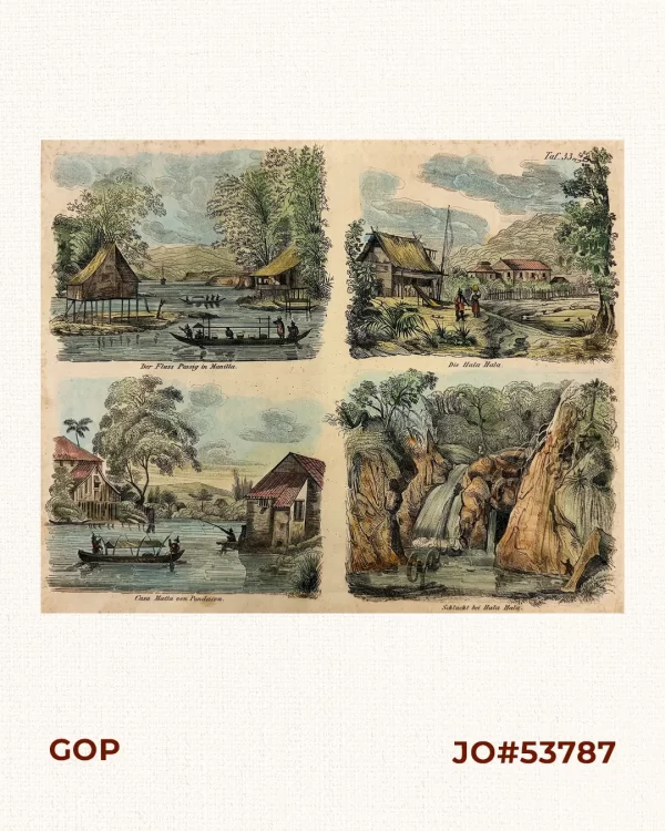 1. Der Fluss Passig in Manilla.; [Pasig River in Manila]; 2. Die Hala Hala.; 3. Casa Matta von Pandacon [Nipa House at Pandacan]; 4. Schlucht bei Hala Hala. [Gorge at Hala Hala]