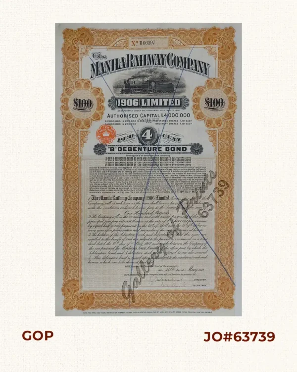 The Manila Railway Company [1906] Limited 4% "B" Debenture Bond No. B 06397  - [cancelled/crossed out] £ 100 - - [with 24 coupons #75-98 - all issued and cancelled with blue marker] [in orange colour]