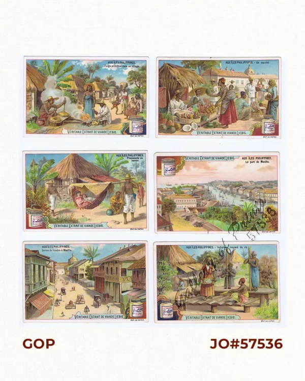 Aux Îles Philippines. [Pictures from the Philippines]. 1) Le port de Manille. [Harbour of Manila].  2) Un marché. [In the Market].  3) La rue du rosaire a Manille. [Manila Street].  4) Indigènes broyant du riz. [Natives Pounding Rice].  5) Forge primitive dans un village. [Dwellings of Islanders with Smithy].  6) Promenade en hamac. [In a Sedan]