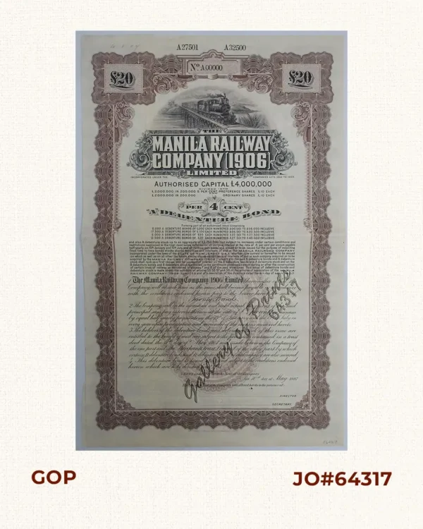 The Manila Railway Company [1906] Limited  4% "A" Debenture Bond No. A 00000  £ 20 - [with 97 coupons #2-98] [in brown colour]