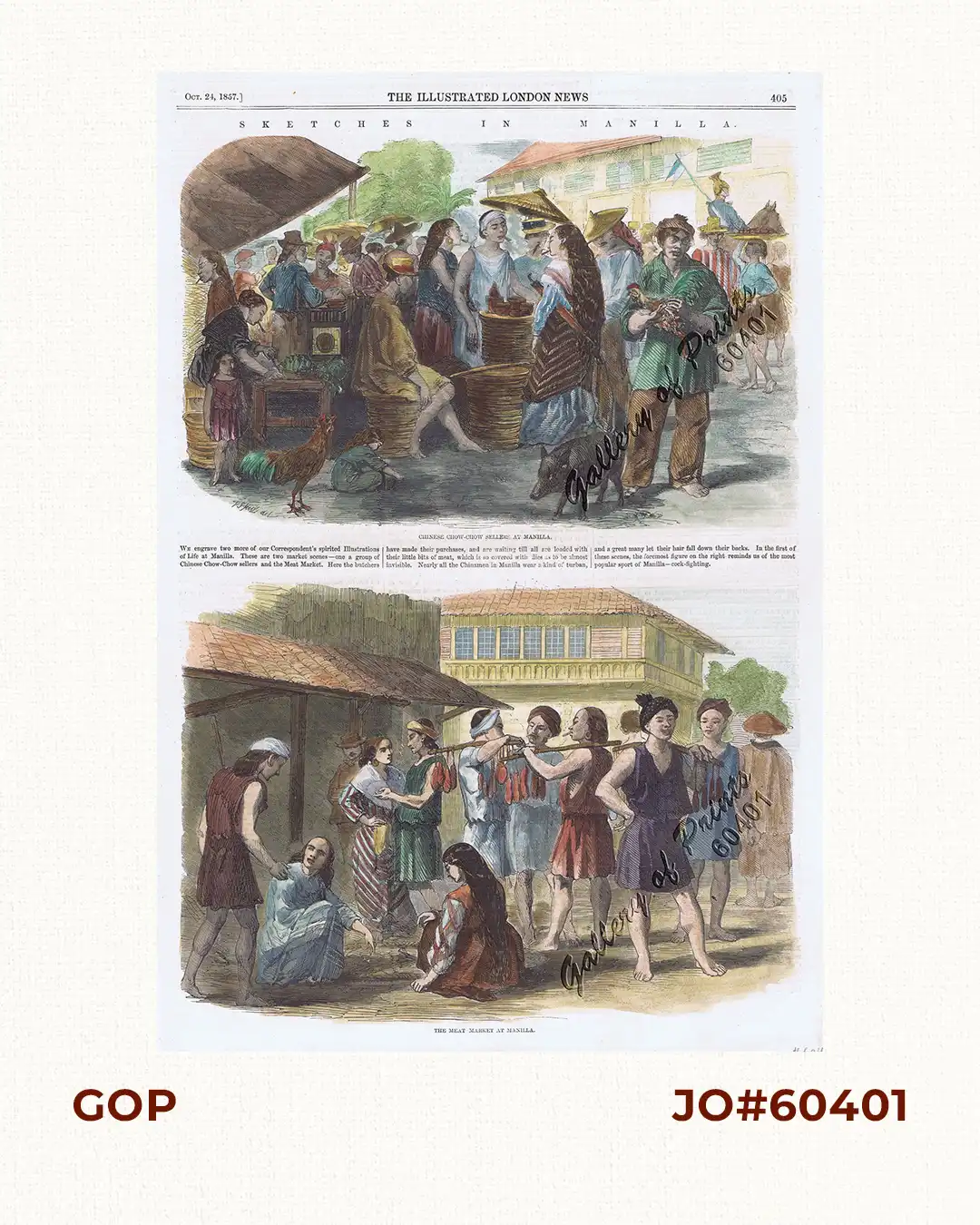 Sketches in Manilla. 1. Chinese Chow-chow sellers at Manilla; 2. The Meat Market at Manilla.