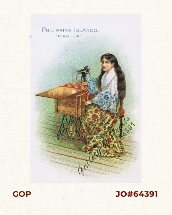 [Woman in National Costume Sewing] Philippine Islands. "Manila."
