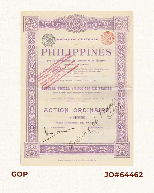 Compagnie Générale des Philippines pour de développement du Commerce et de l'Industrie Capital Social : 3,000,000 de francs Action Ordinaire No. 10304
