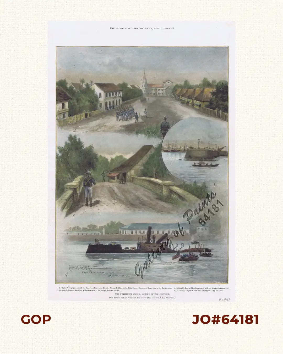 The Philippine Crisis: Scenes of the Conflict. 1. A Filipino Village just outside the American Lines near Manila; 2. Outposts in Touch: American on the near side of the Bridge, Filipino beyond; 3. A Spanish Fort at Manila mounted with old Muzzle-loading Guns; 4. At Cavite: a Spanish Gun-boat “Scuppered” by her Crew.