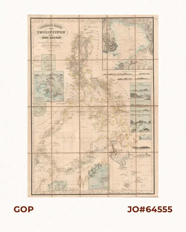 Reduzirte Karte von den Philippinen und den Sulu Inseln [Reduced Map of the Philippines and the Sulu Islands]                                         {insets:}.  inset 1: Plan von der Bucht von Manila [Plan of Manila Bay].  inset 2: Islas Batanes.  inset 3: Die Nordseite des Mindoro Kan. mit dem Volcan de Taal [Northern Mindoro Channel with Taal Volcano].  inset 4: Sulu-Gebiet an der NW-Küste von Borneo [Sulu-Area near the NW-Coast of Borneo].  inset 5: Südlicher Theil der Sûlûschen Borneo-Küste [Southern Sulu near Borneo Coast].  inset 6: Plan von der Bongobucht [Plan of Bongo Bay].