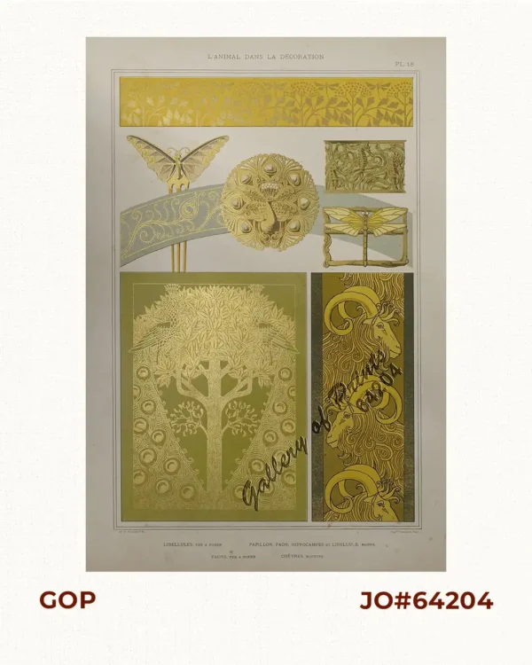 1) Libellules, Fer a Dorer. [Dragonflies, Gilding Iron].  2) Papillon, Paon, Hippocampes et Libellule, Bijoux. [Butterfly, Peacock, Seahorses and Dragonfly, Jewelry].  3) Paons, Fer a Dorer. [Peacocks, Gilding Iron].  4) Chèvres, Bordure. [Goats, Border].