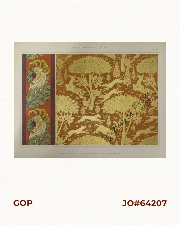 1) Cacatoès, Bordure. [Cockatoo, Border].  2) Chiens, Chevrettes et Marcassins, Cuir Gaufré et Dore. [Dogs, Doe and Boar, Embossed and Gilded Leather].