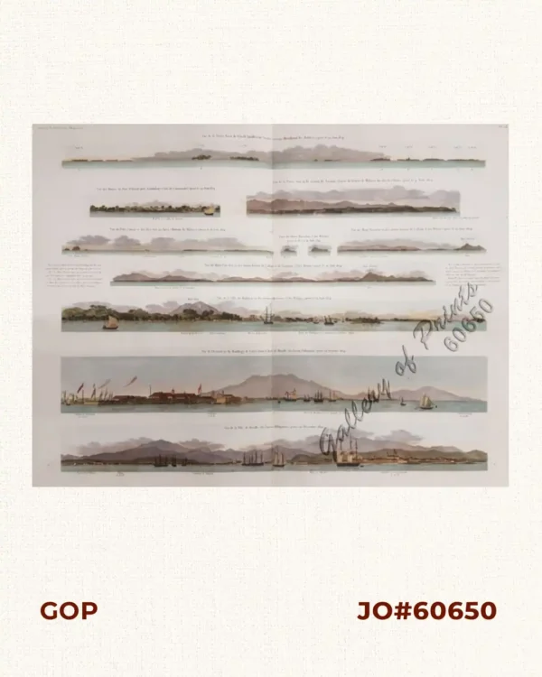 1. Vue de la partie ….. l'atoll Suadiva…..[Maldives].  2. Vue des ruines de fort St. David …..[Coromandel].  3. Vue de la partie ….. Ile Nicobar….. [Malacca].  4. Vue de pulo Jamar…..Iles Aru …..[Malacca].  5. Vues du Mont Parcelar….. [Malay].  6. Vues du Mont Parcelar et des terres….. [Malay].  7. Vues du Mont Parcelar …..Callam….. [Malay].  8. Vue de la Ville de Malacca et des terres…..[Malay].  9. Vue de l'Arsenal et du Mouillage de Cavite dans la Baie de Manille (Ile Luçon, Philippines.)………. [View of Cavite Arsenal and Anchorage in Manila Bay (Luzon Island)] Entrée de l'Arsenal [Arsenal Entry]  Télégraphe  Partie du Mouillage où se tiennent les bâtimens marchands. [Part of the Anchorage where the merchant ships are located]  Pointe Sangloy [Sangley Point]  10. Vue de la Ville de Manille (Ile Luçon, Philippines.) [View of Manila City (Luzon Island...)]  Entrée de la Rivière [River Entrance]  Phare [Lighthouse]  Faubourg de Binondo [Binondo Suburb]  Ville de Manille [Manila City]  Cathédrale et Gouvernement