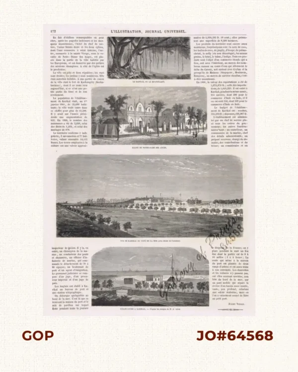 1. Le Banyan, ou le Multipliant. 2. Église de Notre-Dame des Anges. 3. Vue de Karikal du Coté de la mer (rive droite de l'Arselar). 4. Debarcadère a Karikal.