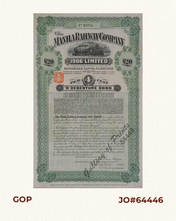 The Manila Railway Company [1906] Limited  4% "B" Debenture Bond No. B 27715  £ 20 - [with 26 coupons #73-98 - all issued and cancelled with blue marker]  [in green colour]