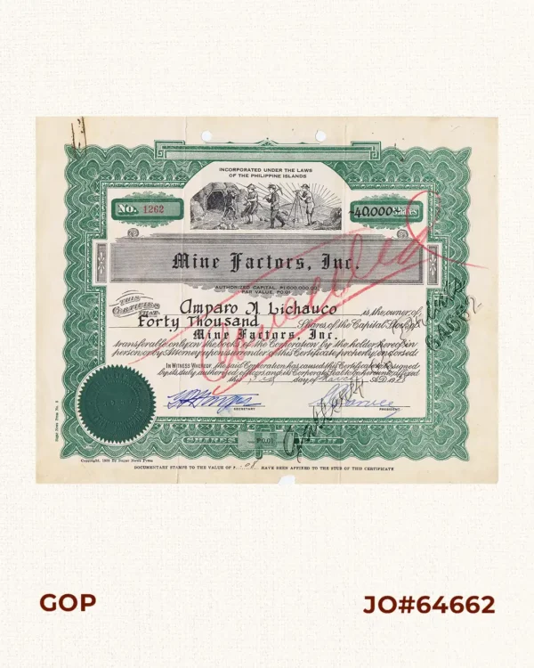 Mine Factors, Inc. 40,000 Shares,  No. 1262 - [cancelled/crossed out]  [in green/black colour]