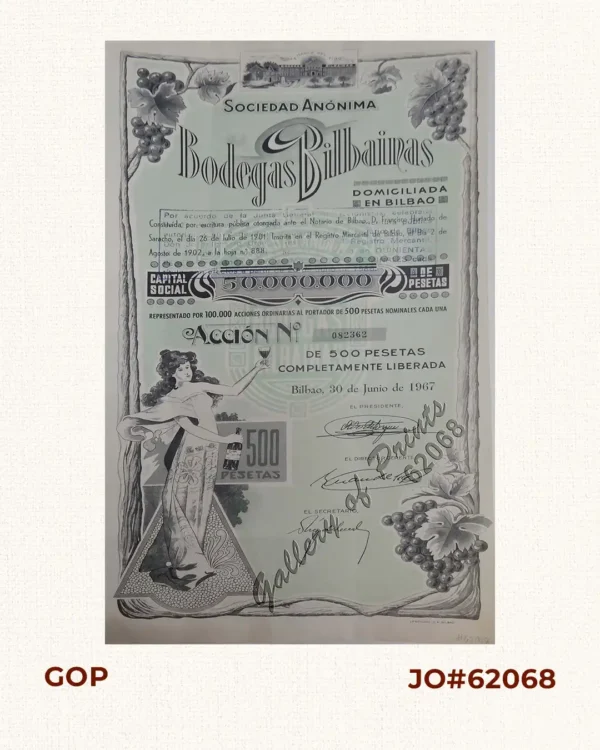 Accion [stock certificate] No. 082362  Capital Social 50,000,000 de pesetas de 500 pesetas completamente liberada [Bodegas Bilbainas Shares]