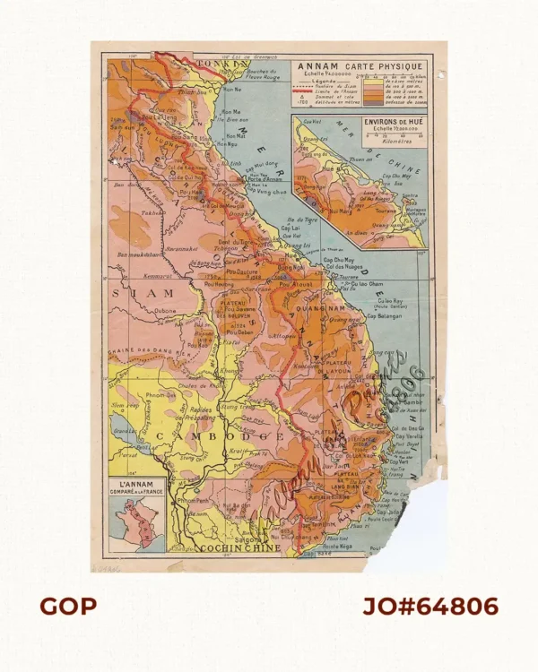 Annam Carte Physique [Annam Physical Map]  insets:  1) Environs de Hué [Surroundings of Hue].  2) L'annam Comparé a la France [Annam Compared to France].