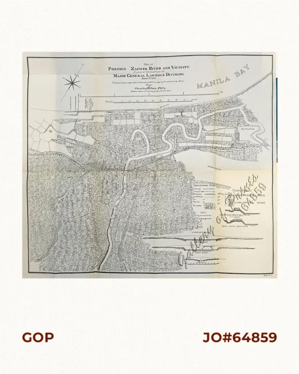 Map of Portion Zapote River and Vicinity.  Scene of Operations of Major General Lawton's Division - June 13th 1899  Drawn by 1st Lieut. Guy H.B.Smith 4th Infty.  Position of each organization of troops located on map by its commanding officer …  Distances determined by pacing, azimuths with box compass