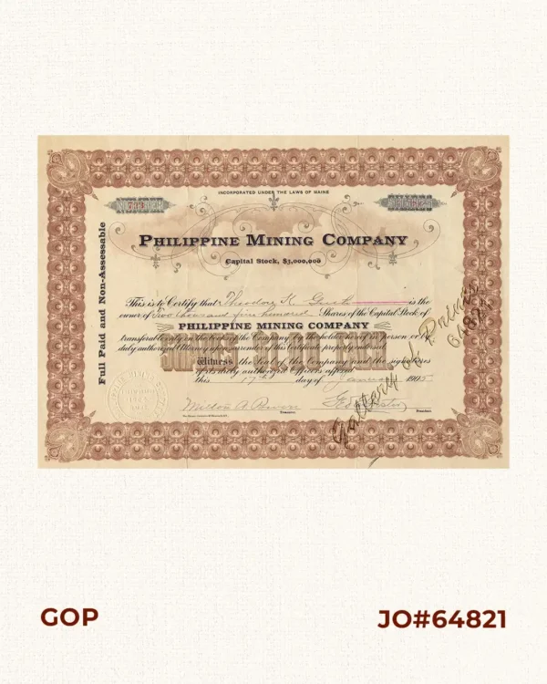 Philippine Mining Company  Capital Stock, $3,000,000  2,500 Shares,  No. 723  [in brown and black colour]