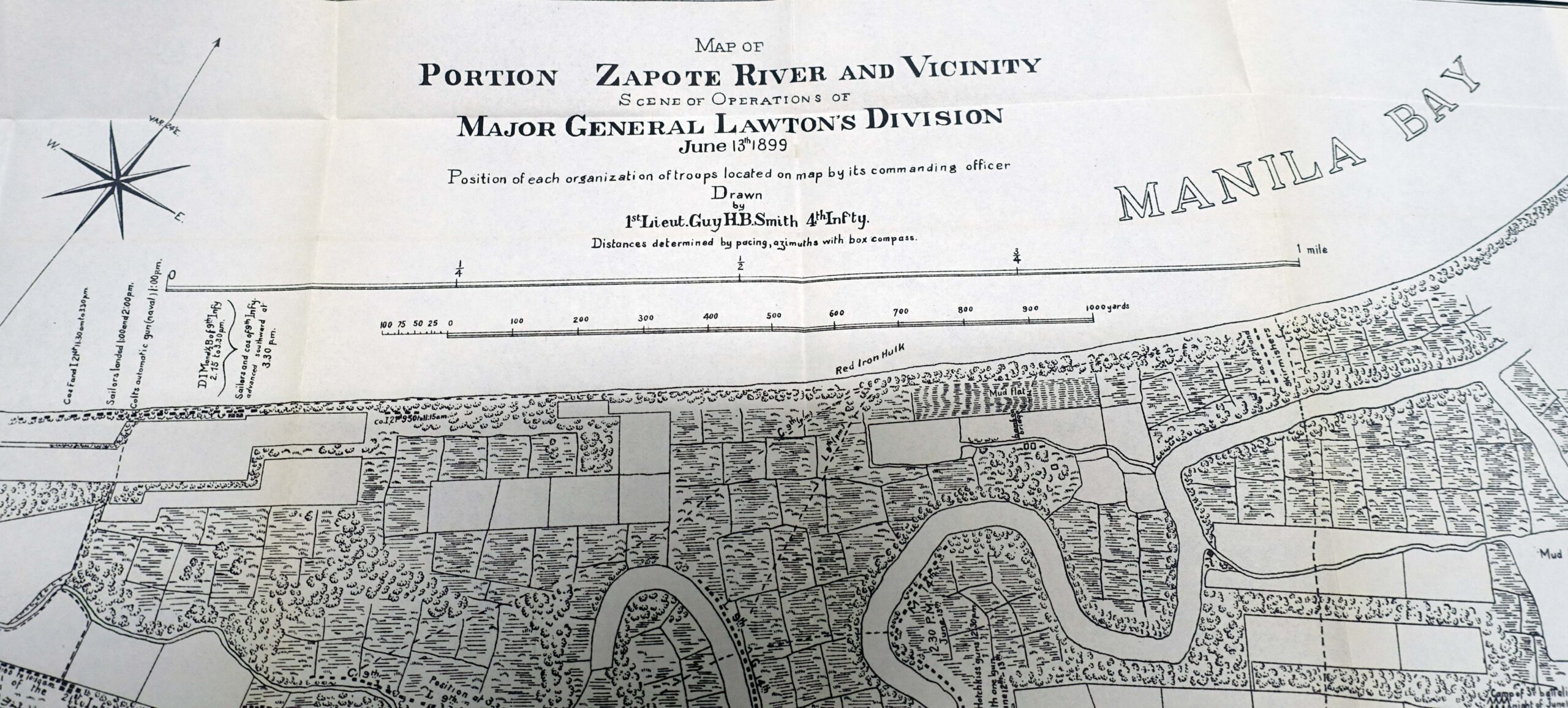 Map of Portion Zapote River and Vicinity. Scene of Operations of Major General Lawton's Division - June 13th 1899 Drawn by 1st Lieut. Guy H.B.Smith 4th Infty. Position of each organization of troops located on map by its commanding officer … Distances determined by pacing, azimuths with box compass - Image 2