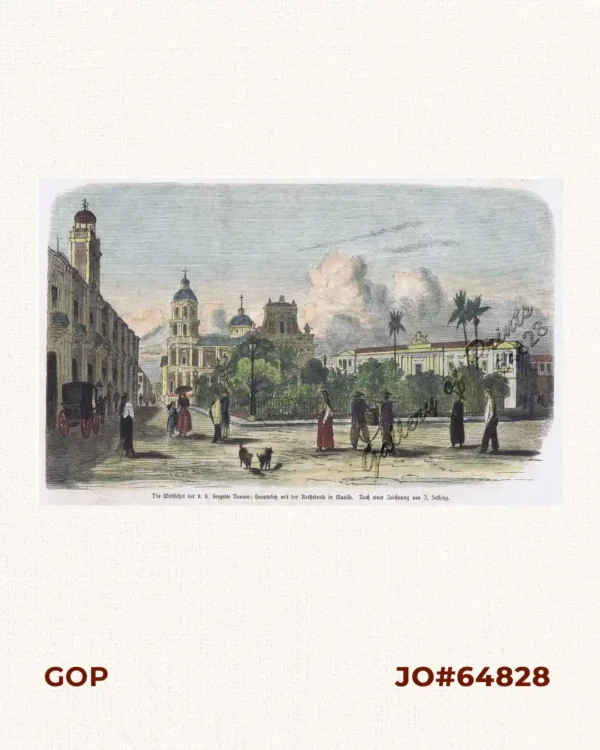 Die Weltfahrt der k. k. Fregatte Novara:  Hauptplatz mit der Kathedrale in Manila.  Nach einer Zeichnung von J. Selleny.  [Circumnavigation of the Imperial and Royal Frigate Novara:  Main Square with Manila Cathedral.  After a Drawing by J. Selleny.]