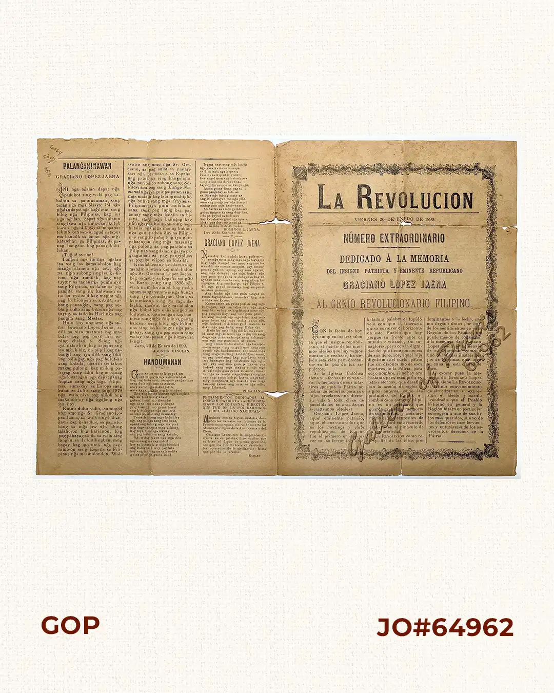 La Revolucion Viernes 20 de Enero de 1899. Número Extraordinario Dedicado á la Memoria del Insigne Patriota y Eminente Republicano