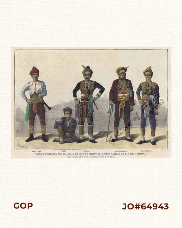 Comision Encargada por el Sultan de Jolo de Visitar al Capitan General de las Islas Filipinas. 1. Jamsi (jefe). 2. Cajel. 3. Datto. 4. Quibad (religioso). 5. Butu (religioso).