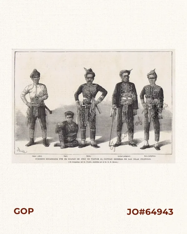 Comision Encargada por el Sultan de Jolo de Visitar al Capitan General de las Islas Filipinas. 1. Jamsi (jefe). 2. Cajel. 3. Datto. 4. Quibad (religioso). 5. Butu (religioso).