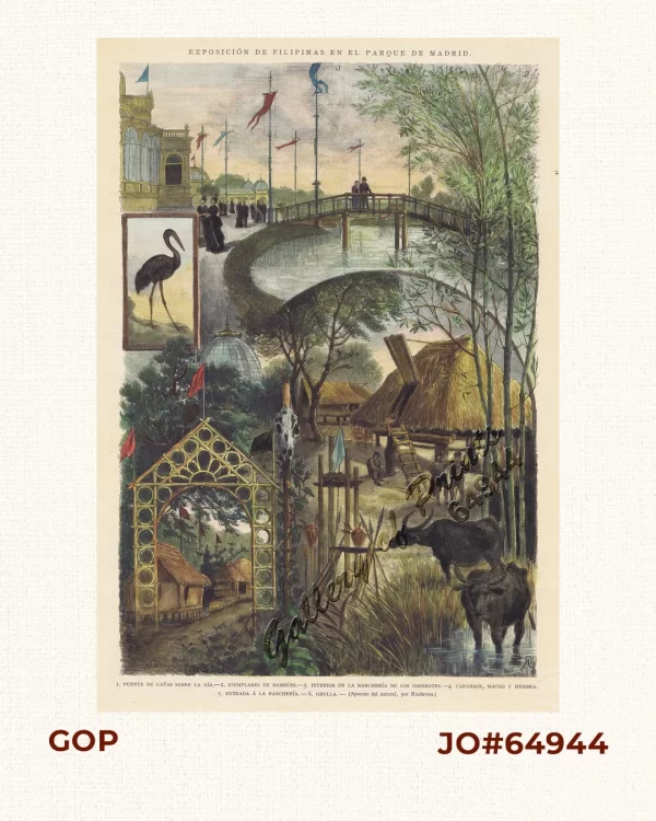Exposicion de Filipinas en el Parque de Madrid. 1. Puente de Cañas sobre la ria. 2. Ejemplares de Bambúes. 3. Interior de la rancheria de los Igorrotes. 4. Carabaos, macho y hembra. 5. Entrada a la Rancheria. 6. Grulla.
