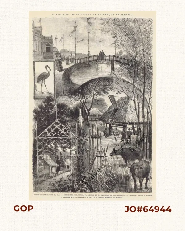 Exposicion de Filipinas en el Parque de Madrid. 1. Puente de Cañas sobre la ria. 2. Ejemplares de Bambúes. 3. Interior de la rancheria de los Igorrotes. 4. Carabaos, macho y hembra. 5. Entrada a la Rancheria. 6. Grulla.