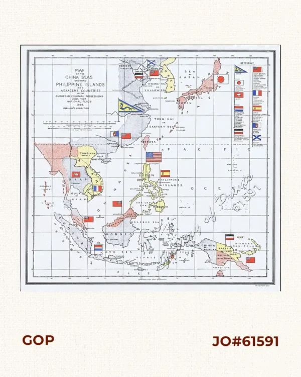Map of the China Seas showing Philippine Islands and Adjacent Countries with European Colonial Possessions under their National Flags. 1898 Mercator’s Projection