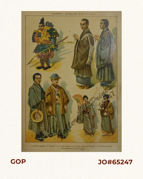 Japon Siglo XVII Y XVIII [ Japan – (17th and 18th C.)] 1. Soldado japonés. 2. Bouzon ó religioso japonés. 3. Trajes civiles, de homore. 4. Señora japonesa. 5. Criada japonesa sirviendo el té.